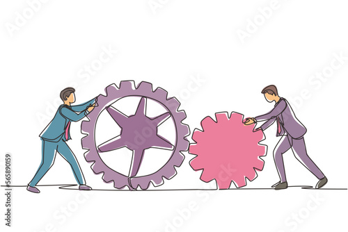 Single continuous line drawing two businessman pushing big cogs together. Teamwork cooperation in gears mechanism. Young men working on push gears, teamwork or leadership. One line draw design vector