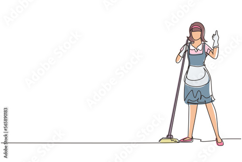 Single one line drawing floor care and cleaning services with washing mop in sterile factory or clean hospital. Cleaning woman service. Professional cleaning staff. Continuous line draw design vector