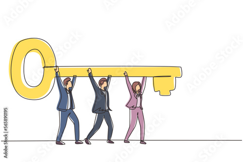 Single continuous line drawing business teamwork key of success concept. Businessman working in team. People lifting key of success, stepping forward to open bright future. One line draw design vector