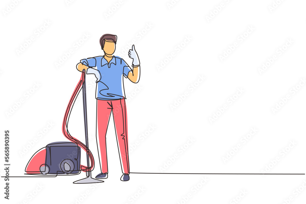 Single continuous line drawing worker of cleaning service. Man dressed in uniform with vacuum cleaner. Washing and cleaning service. Disinfection and cleaning. One line draw design vector illustration Single continuous line drawing worker of cleaning service. Man dressed in uniform with vacuum cleaner. Washing and cleaning service. Disinfection and cleaning. One line draw design vector illustration