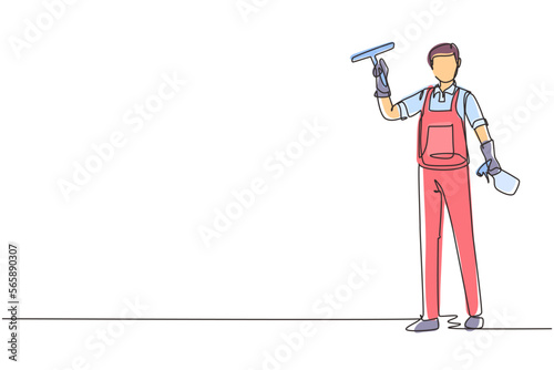 Single one line drawing smiling cleaning staff member is wiping the window with brush and spray. Concept of man cleaning windows from dust in different premises. Continuous line draw design vector