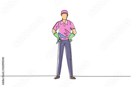 Single one line drawing cleaning service with cool pose. Cleaning worker posing and enjoying working. Smiling male cleaning company staff member. Continuous line draw design vector illustration