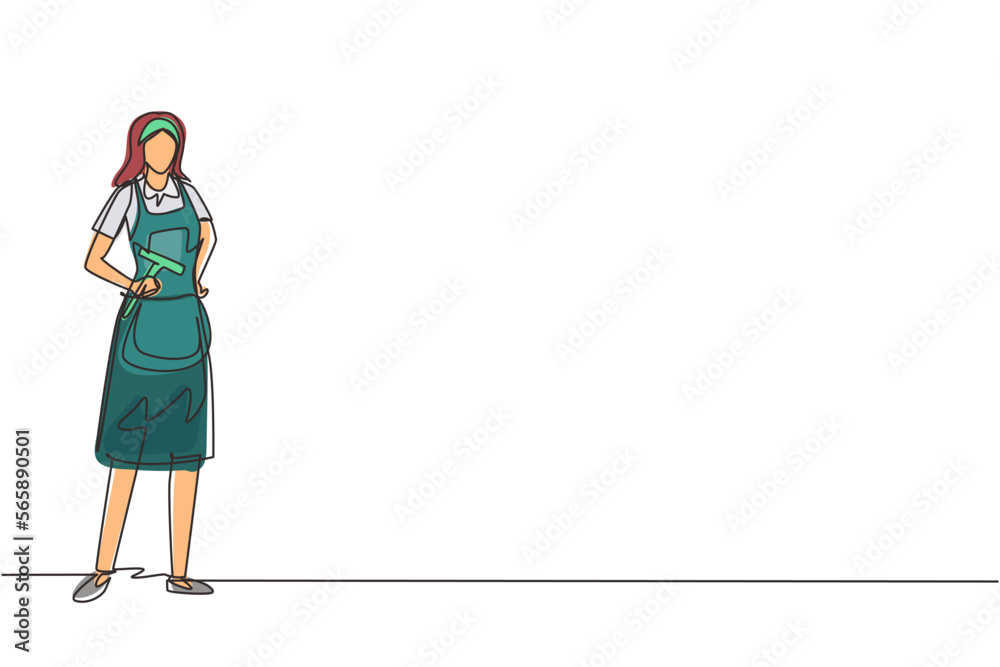 Single one line drawing cleaning service with cool pose. Cleaning worker posing and enjoying working. Smiling female cleaning company staff member. Continuous line draw design vector illustration Single one line drawing cleaning service with cool pose. Cleaning worker posing and enjoying working. Smiling female cleaning company staff member. Continuous line draw design vector illustration
