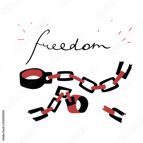 Broken handcuffs and lettering with rays for freedom. Vector flat illustration in red and black colours.