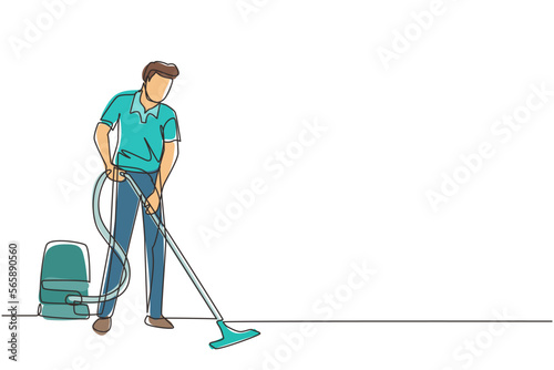 Single one line drawing male professional busy janitor vacuum cleaning indoors, floor office cleaning, young, happy, wearing uniform, protective gloves. Continuous line draw design vector illustration