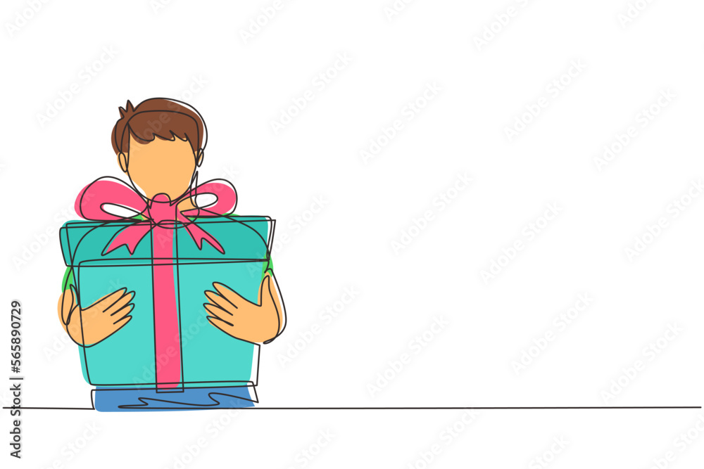 Single continuous line drawing kid holding big ribbon bow wrapped gift box in front of his in arms. Little boy carries holiday gift box with bow in his hands. One line draw design vector illustration Single continuous line drawing kid holding big ribbon bow wrapped gift box in front of his in arms. Little boy carries holiday gift box with bow in his hands. One line draw design vector illustration