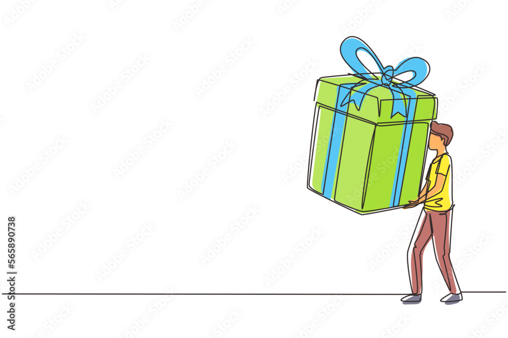 Single one line drawing happy man carrying a big present box. The creative idea of earning a reward, gift, or prize. Concept of celebration. Continuous line draw design graphic vector illustration Single one line drawing happy man carrying a big present box. The creative idea of earning a reward, gift, or prize. Concept of celebration. Continuous line draw design graphic vector illustration