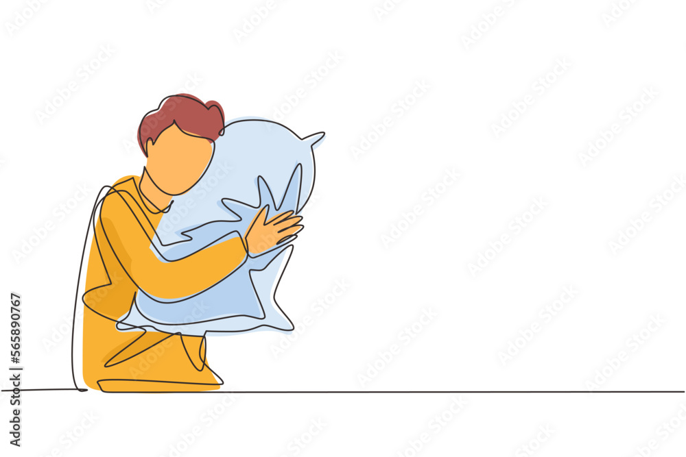 Continuous one line drawing man sleeping and hugging pillow. Sideways sleep position with no bed, young guy lying on his side propped on cushion. Single line draw design vector graphic illustration