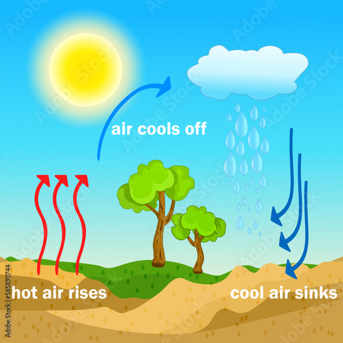 Convection process diagram. Warm air rises and cool air sinks. Hot and cooler air masses.Cloud formation process.Thermal warm and cold air circulation diagram.Science poster design.Vector illustration