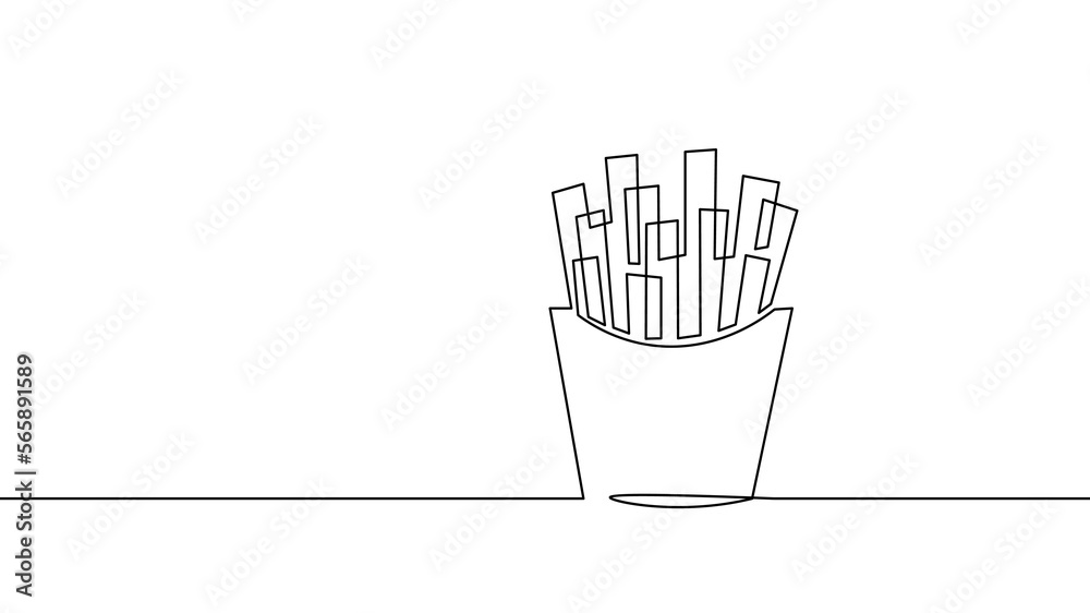 One line continuous french fries symbol concept. Silhouette of fast food restaurant finger snacks fries potatoes. Digital white single line sketch drawing vector illustration