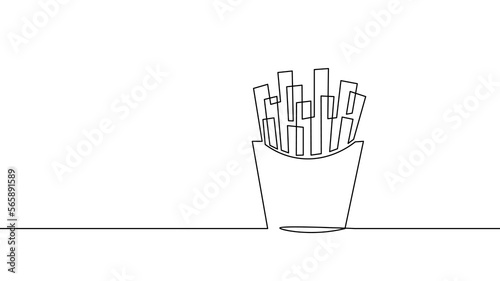 One line continuous french fries symbol concept. Silhouette of fast food restaurant finger snacks fries potatoes. Digital white single line sketch drawing vector illustration