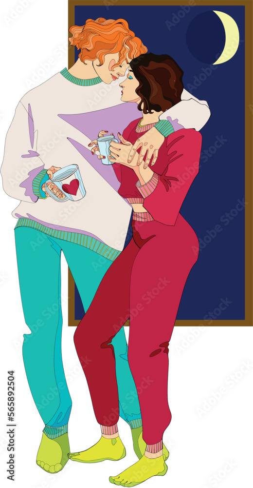 Obraz premium A young romantic couple stands near a window. A happy man and woman hug and enjoy the coziness. Colorful flat vector illustration