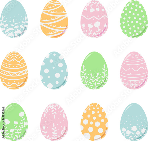 A set of Easter eggs with a floral pattern. Spring illustration for the Easter holiday. Flat style vector image.