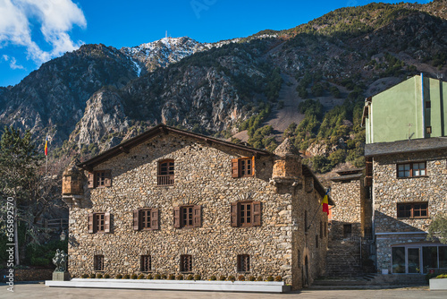 Obraz na płótnie Old, 15th century, stone government heritage building, Casa de la Vall, with wooden windows and shutters in Andorra la Vella Pyrenees Mountains w salonie