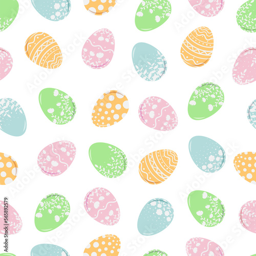 Seamless pattern with cute Easter eggs in a floral pattern. Spring illustration for Easter holiday. Flat style vector image.