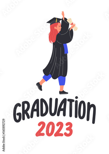 Graduation 2023. Graduated girl in academic cap and gown holding scroll. Hand drawn lettering. 