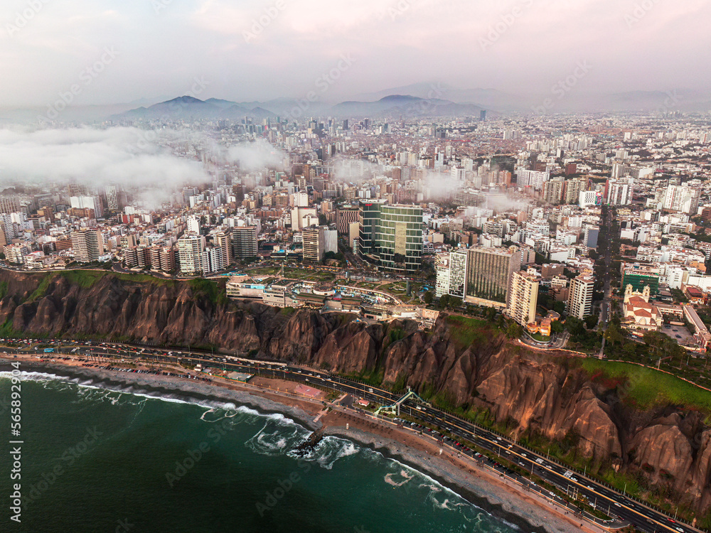 Skyline of Miraflores/Lima/Peru with clouds seen from above