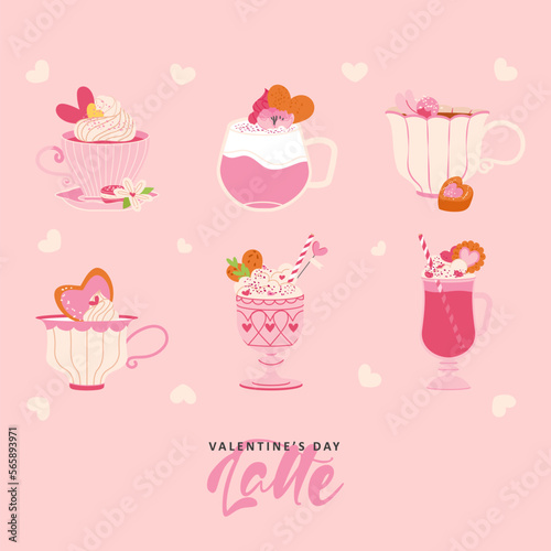 Happy Valentines Day hot drinks set with flower and sweets  cream on pink background. Vector rose latte illustration