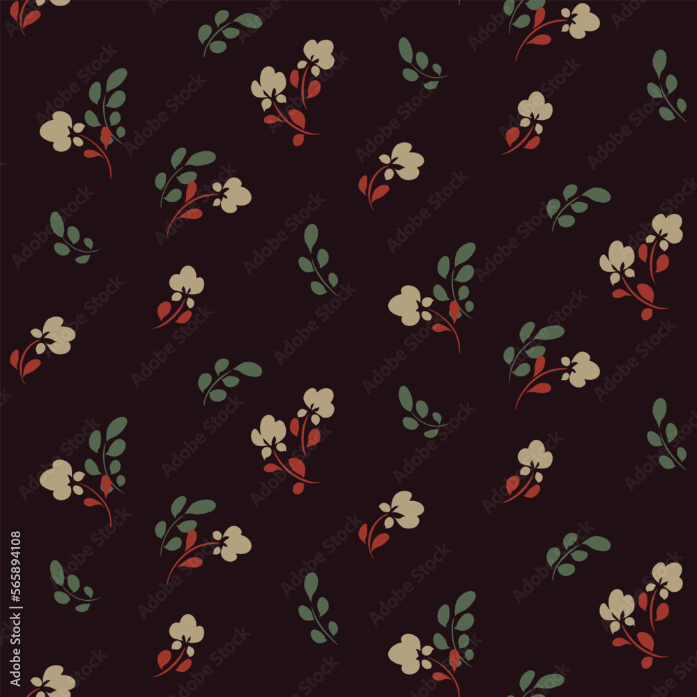 Seamless floral pattern with fine hand drawn botany in folk style. Cute ditsy print, vintage botanical design with tiny flowers, leaves on brown background. Flower design in autumn colors. Vector.