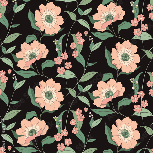 Seamless floral pattern, vintage flower print with large hand drawn plants on a black background. Beautiful botanical design with pink cosmea flowers, various leaves, herbs. Vector illustration.