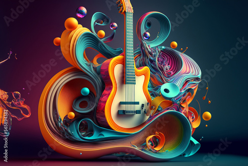 Creative music with colorful giutar. Music vibes concept for concerts and festivals