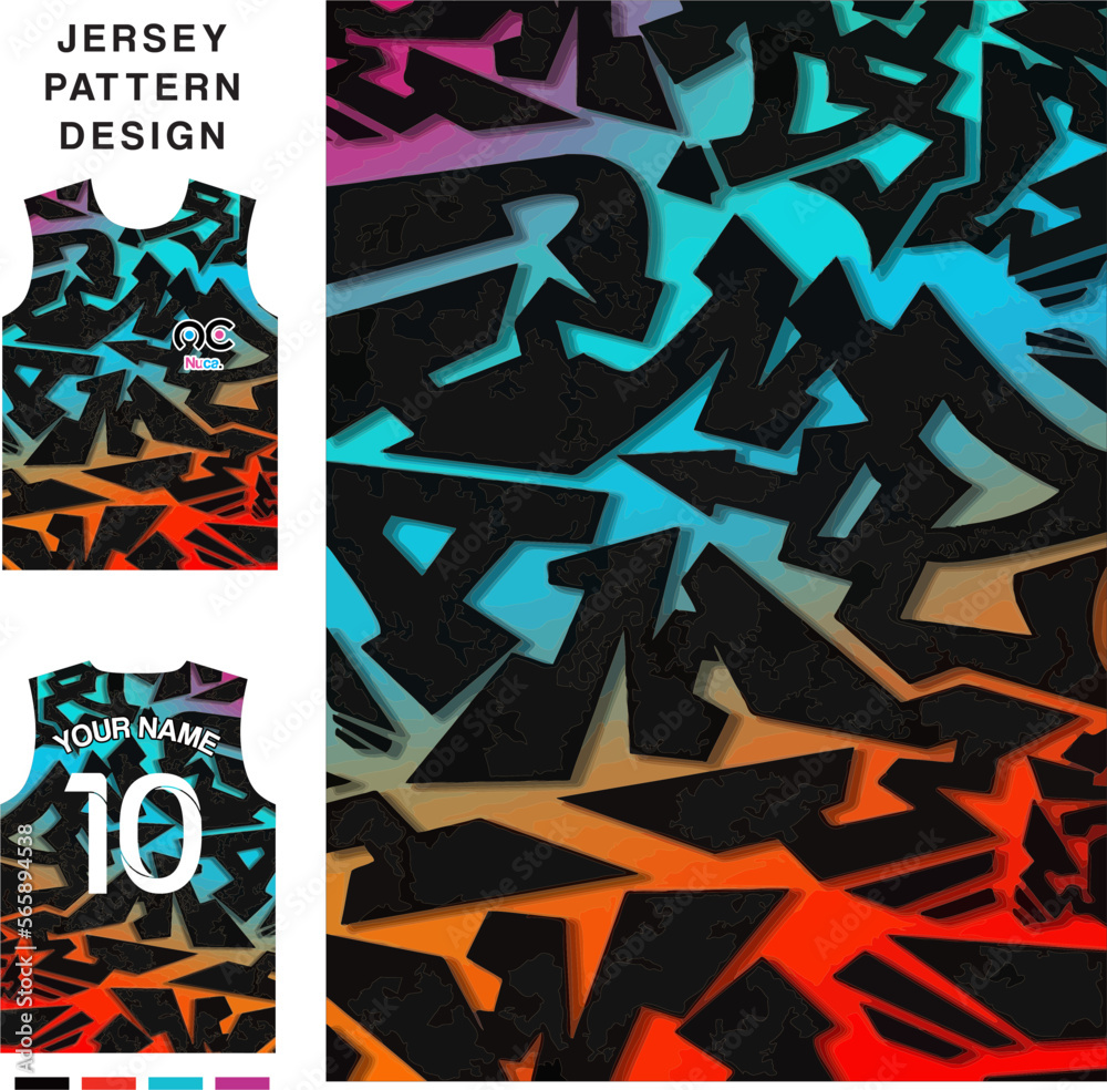 Naklejka premium Abstract alphabet rainbow colour concept vector jersey pattern template for printing or sublimation sports uniforms football volleyball basketball e-sports cycling and fishing Free Vector.