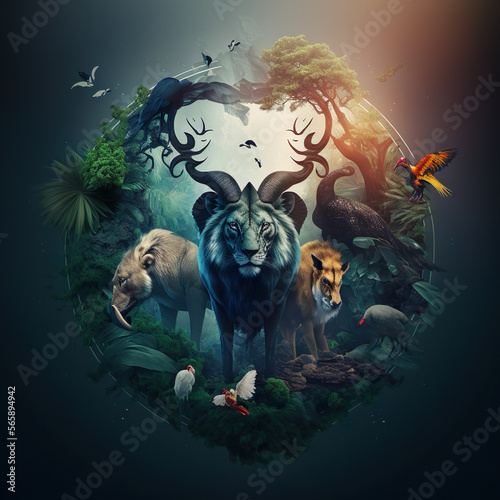 Digital print abstract realistic logo ofa vibrant animal kingdom