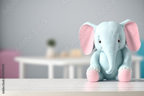 Perspective table with an elephant plush toy in the baby room, Generative AI