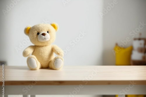 Perspective table with a teddy bear plush toy in the baby room, Generative AI