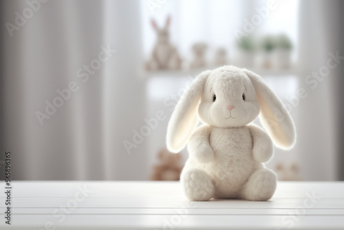 Perspective table with a bunny plush toy in the baby room, Generative AI © Nevereski