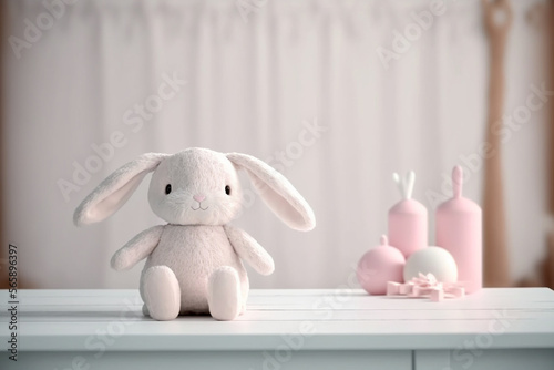 Perspective table with a bunny plush toy in the baby room, Generative AI