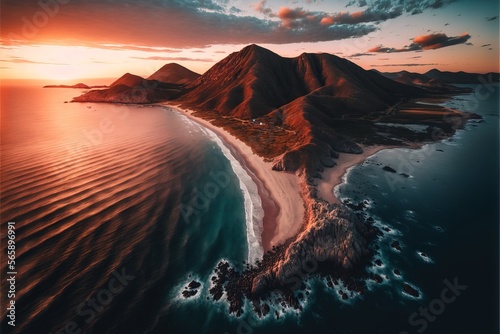 aerial beautiful shot of a seashore with hills on the background at sunset Generative AI
