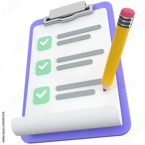 Clipboard icon with 3d pencil, for UI, poster, banner, social media post. 3D rendering