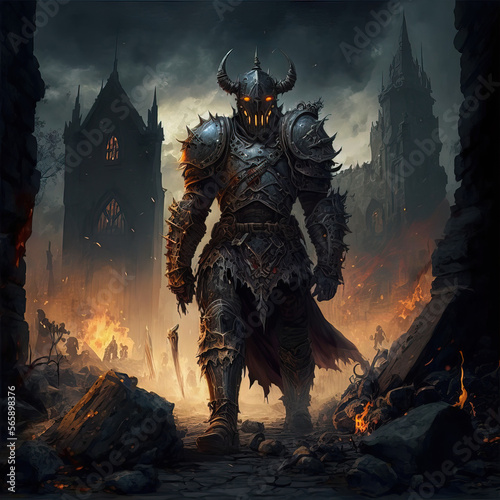 Fotografia A cursed warrior in plate armor, in a fantasy castle background Generative AI