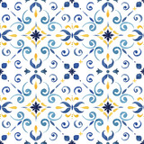 Watercolor vintage seamless pattern consisting of blue and yellow Mediterranean tiles and elements. Hand painted traditional illustration isolation on white background for design, print or background.