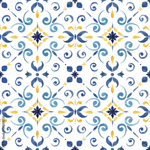 Wallpaper Mural Watercolor vintage seamless pattern consisting of blue and yellow Mediterranean tiles and elements. Hand painted traditional illustration isolation on white background for design, print or background. Torontodigital.ca