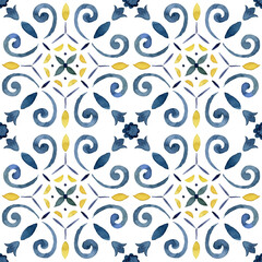 Keuken achterwand Portugese tegeltjes patronen Watercolor abstract seamless pattern consisting of blue and yellow Mediterranean tiles and elements. Hand painted illustration isolation on white background for design, print or background.  © yuliya_derbisheva