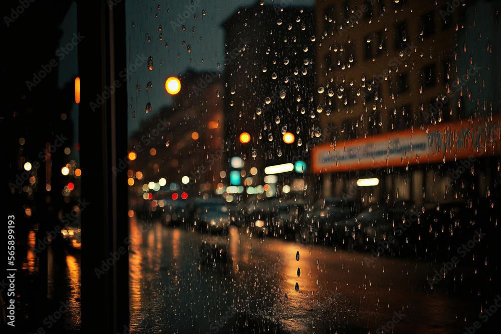 Raindrops on the window, night city traffic background. AI