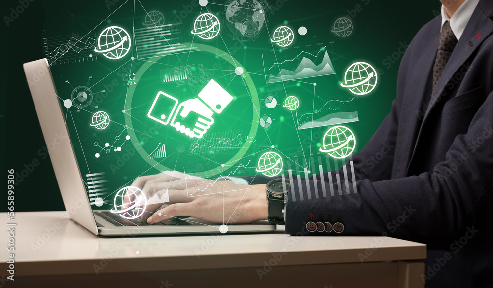 Business hand working on laptop, successful business concept Business hand working on laptop, successful business concept
