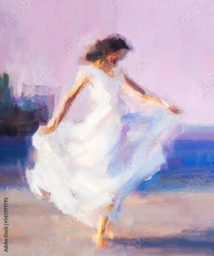 A silhouette young woman in a white dress dancing. Painting