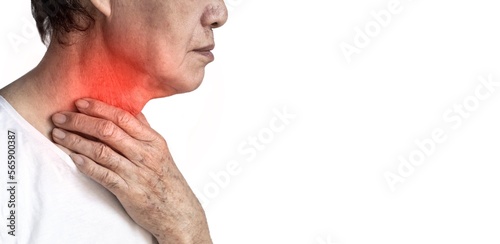 Redness at neck of Asian man. Concept of sore throat, pharyngitis, laryngitis, thyroiditis, choking or dysphagia. photo
