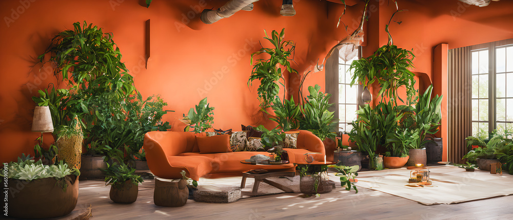 A vibrant bohemian-inspired living room with plants and bold orange accents and a cozy, lived-in feel. Generative AI