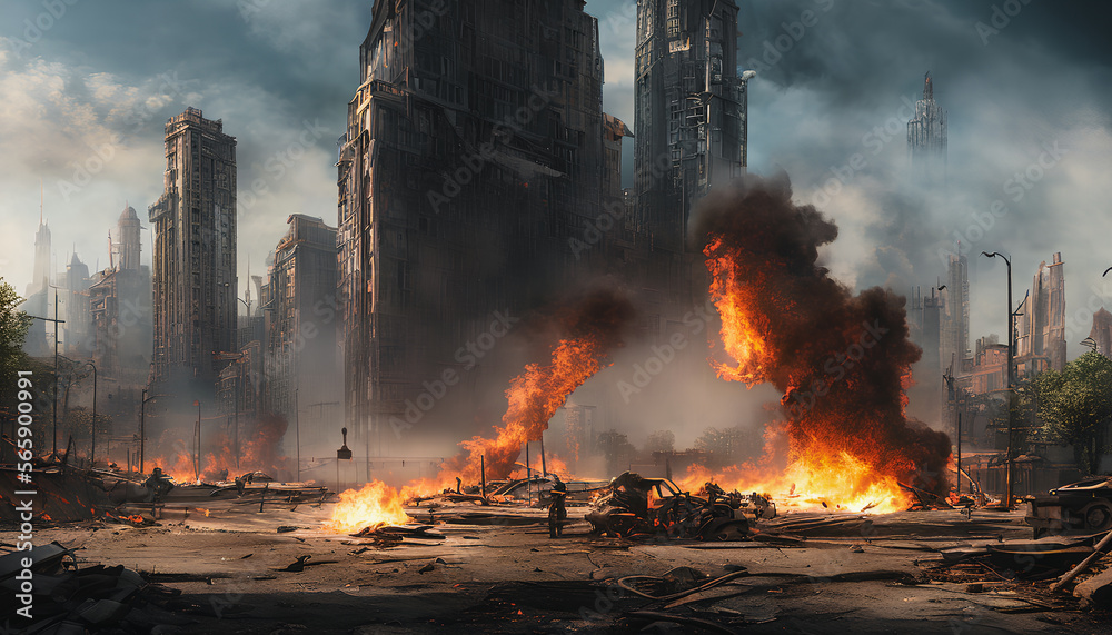 Artistic concept illustration of a city in flame,  Generative AI