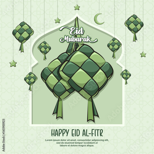 Islamic Day Of Eid Mubarak, Illustration Of Muslim Festival With Ketupat Rice And Mosque. Eid Al-Fitr