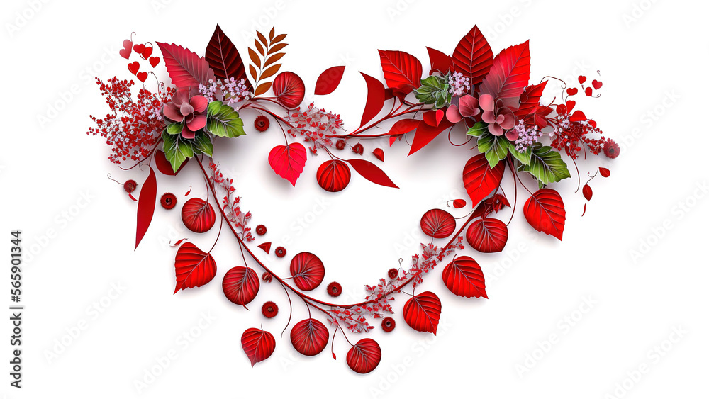 heart made of leaves and flowers and red ivy leaves in the form of a flower wreath, valentines background, website banner, copy space. Generative ai heart made of leaves and flowers and red ivy leaves in the form of a flower wreath, valentines background, website banner, copy space. Generative ai