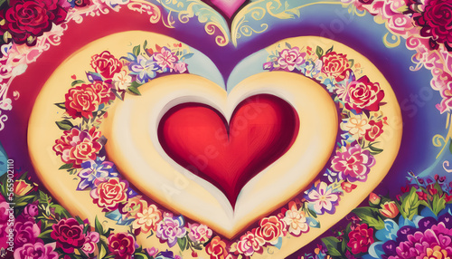 A breathtaking paint of art showcasing various sized hearts, imbued with a Valentine's Day atmosphere of love and romance. Generative AI