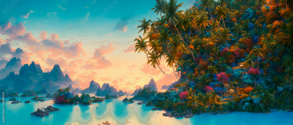 Striking painting of small islands in the vast ocean amidst a stunning blue archipelago, showcasing a majestic view. Generative AI