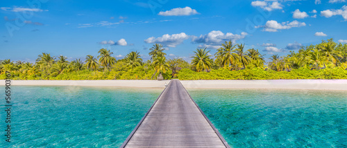 Tranquil panoramic landscape. Exotic beach shore, azure sea bay wooden pier bridge into paradise island. Palm trees sunny sand and blue sky. Picturesque tourism resort, tropical vacation destination 