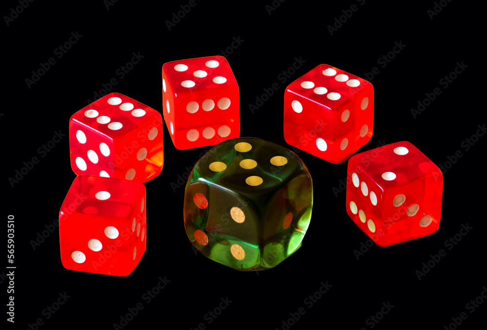 red and green translucent plastic dice with white dots. playing and gambling concept. casino and winning money. isolated cubes with black background. vibrant colors. roll the dice theme. risk taking red and green translucent plastic dice with white dots. playing and gambling concept. casino and winning money. isolated cubes with black background. vibrant colors. roll the dice theme. risk taking