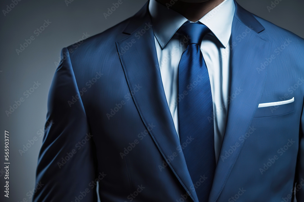 Close-up at a gentleman in ocean blue formal business suit, the manager or businessman costume style. Generative Ai image. Close-up at a gentleman in ocean blue formal business suit, the manager or businessman costume style. Generative Ai image.